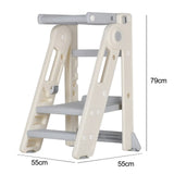 Foldable Kids Step Stool Kitchen Helper Tower in Grey, Adjustable Height, 55x55x79cm - Close-Up Angle