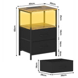 Black and Brown Nightstand with LED Light, Charging Station, and Storage - 60x40cm - 45-Degree Angle