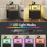 Black and Brown Nightstand with LED Light, Charging Station, and Storage - 60x40cm - Rear View