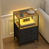 Black and Brown Nightstand with LED Light, Charging Station, and Storage - 60x40cm - Close-Up Angle