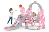 Kids 4 in 1 Slide and Swing Set with Basketball Hoop, Pink, 175x140x115cm - Side View
