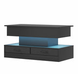 LED Lift Top Coffee Table in Black with 2-Tier Design and Drawers for Living Room - 45-Degree Angle