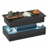 LED Lift Top Coffee Table in Black with 2-Tier Design and Drawers for Living Room - Rear View