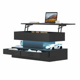 LED Lift Top Coffee Table in Black with 2-Tier Design and Drawers for Living Room - Close-Up Angle
