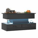 LED Lift Top Coffee Table in Black with 2-Tier Design and Drawers for Living Room - Low Angle
