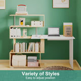 Adjustable Computer Desk with Storage Shelving in White Jointed Oak, 131x86x106cm - Front View