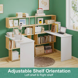 Adjustable Computer Desk with Storage Shelving in White Jointed Oak, 131x86x106cm - Side View