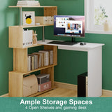 Adjustable Computer Desk with Storage Shelving in White Jointed Oak, 131x86x106cm - Top-Down View