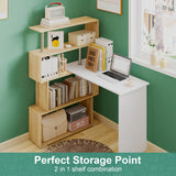 Adjustable Computer Desk with Storage Shelving in White Jointed Oak, 131x86x106cm - 45-Degree Angle
