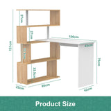 Adjustable Computer Desk with Storage Shelving in White Jointed Oak, 131x86x106cm - Rear View