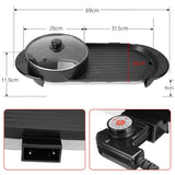 Electric 2 in 1 Black BBQ Grill and Hot Pot with Non-Stick Surface, 1360W, 69x26x11.5cm - Rear View