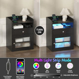 Black Bedside Table with Acrylic Door, Charging Station and RGB LED Light - Front View