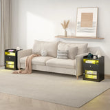 Black Bedside Table with Acrylic Door, Charging Station and RGB LED Light - Side View