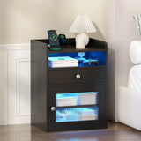Black Bedside Table with Acrylic Door, Charging Station and RGB LED Light - 45-Degree Angle