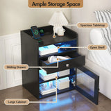 Black Bedside Table with Acrylic Door, Charging Station and RGB LED Light - Close-Up Angle