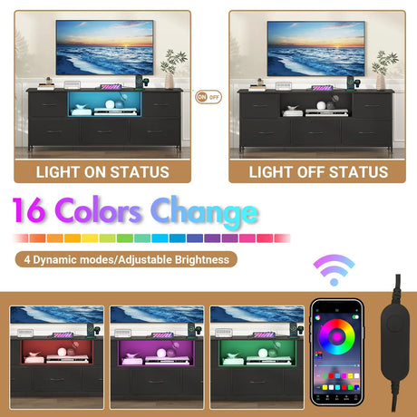 140cm Black LED TV Cabinet Entertainment Unit with Power Outlets, LED Lights