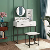White Black Dressing Table Stool Set with LED Lights and Charging Station, 80x136cm - Front View