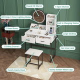 White Black Dressing Table Stool Set with LED Lights and Charging Station, 80x136cm - Top-Down View