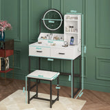 White Black Dressing Table Stool Set with LED Lights and Charging Station, 80x136cm - Extra Image