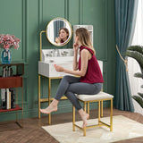 Dressing Table Stool Set in White & Gold with LED Lights and Charging Station - Side View