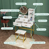 Dressing Table Stool Set in White & Gold with LED Lights and Charging Station - Top-Down View