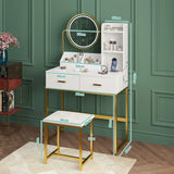 Dressing Table Stool Set in White & Gold with LED Lights and Charging Station - Rear View