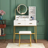 Dressing Table Stool Set in White & Gold with LED Lights and Charging Station - Low Angle