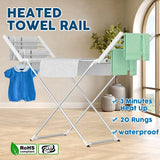 White 220W Electric Heated Towel Rack in Silver with 20 Bars for Fast Drying - Front View