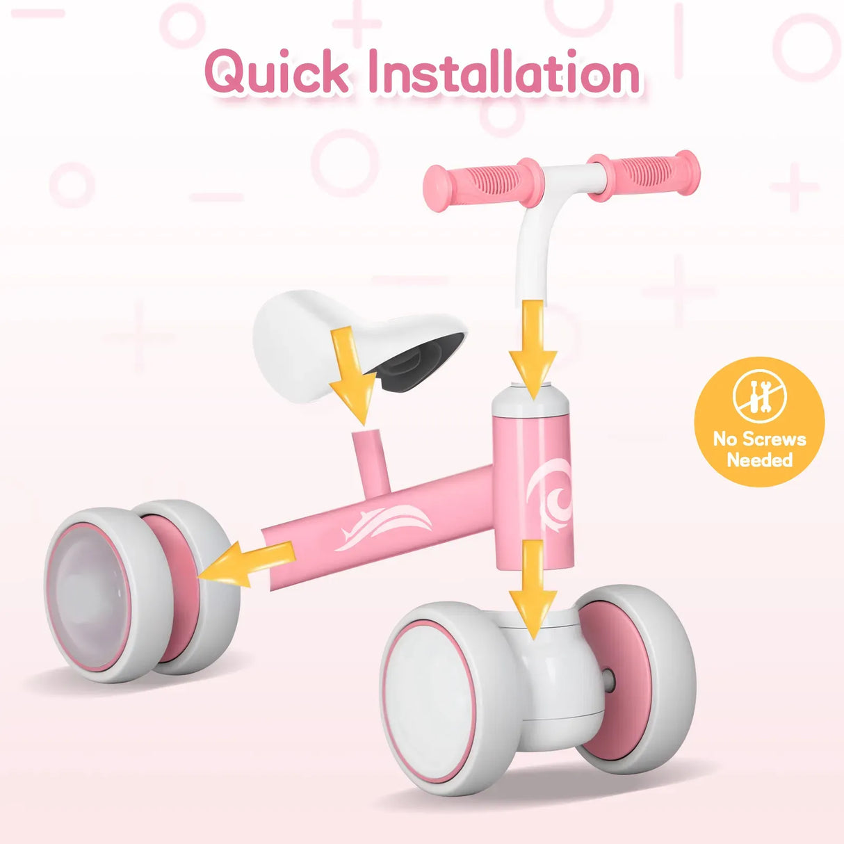 Pink Baby Balance Bike with LED Lights, 55x23x39cm, Suitable for Toddlers Aged 12-36 Months