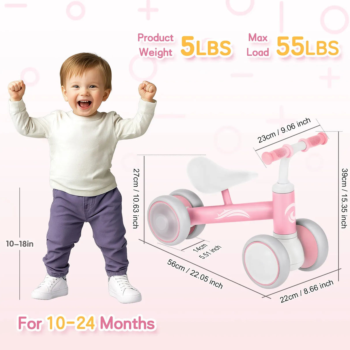 Pink Baby Balance Bike with LED Lights, 55x23x39cm, Suitable for Toddlers Aged 12-36 Months