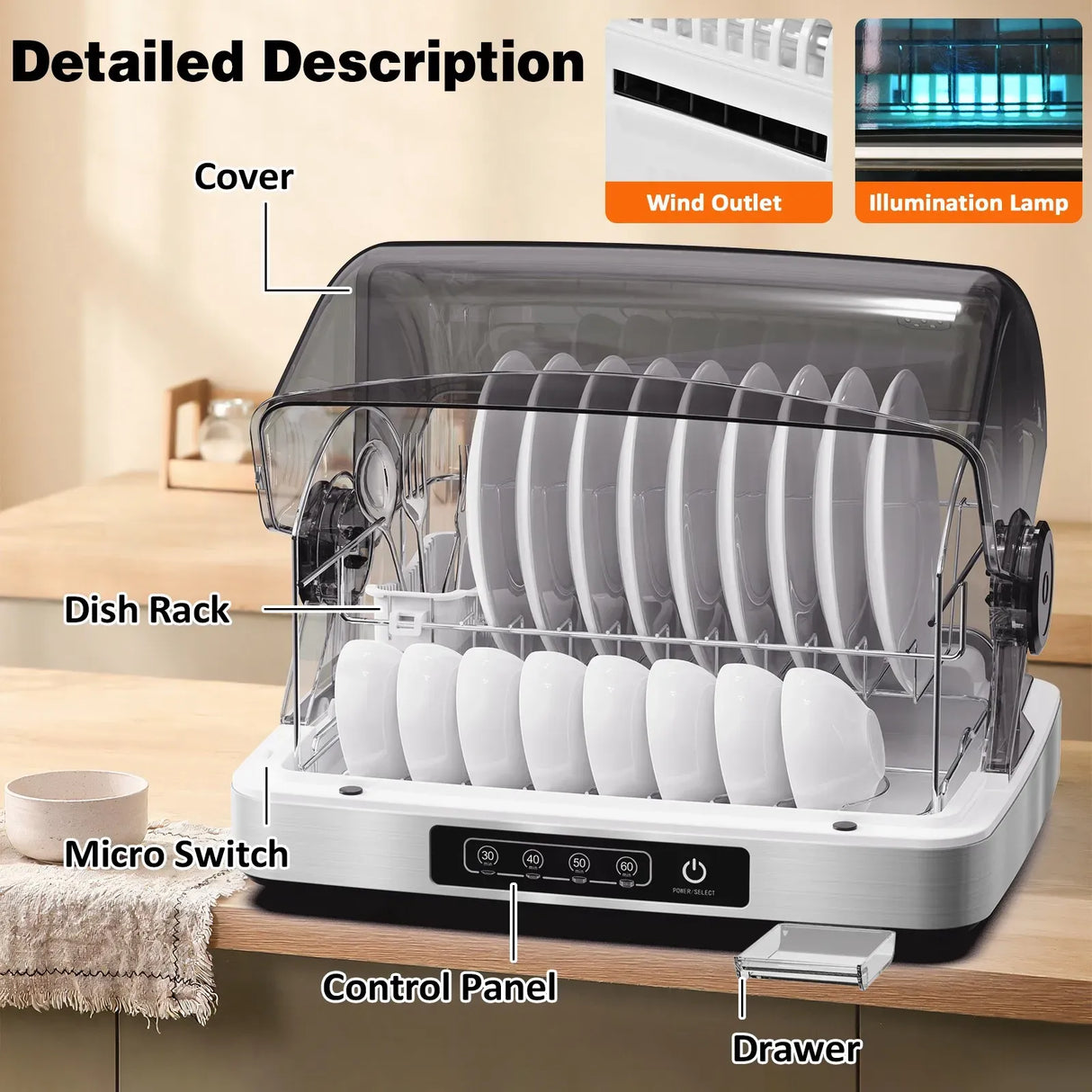 32L Black Countertop Steriliser Cabinet with Hot Air Drying Technology