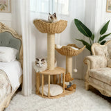 Large Cat Scratching Post Tree Tower with Baskets and Cubby Cave in Natural Wood & White, 60x40x99cm - Front View