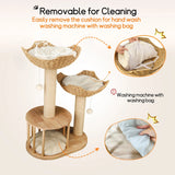 Large Cat Scratching Post Tree Tower with Baskets and Cubby Cave in Natural Wood & White, 60x40x99cm - Side View