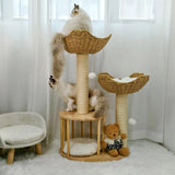 Large Cat Scratching Post Tree Tower with Baskets and Cubby Cave in Natural Wood & White, 60x40x99cm - Top-Down View