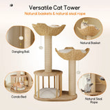 Large Cat Scratching Post Tree Tower with Baskets and Cubby Cave in Natural Wood & White, 60x40x99cm - 45-Degree Angle
