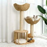 Large Cat Scratching Post Tree Tower with Baskets and Cubby Cave in Natural Wood & White, 60x40x99cm - Rear View
