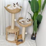 Large Cat Scratching Post Tree Tower with Baskets and Cubby Cave in Natural Wood & White, 60x40x99cm - Close-Up Angle