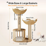 Large Cat Scratching Post Tree Tower with Baskets and Cubby Cave in Natural Wood & White, 60x40x99cm - Low Angle
