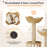 Large Cat Scratching Post Tree Tower with Baskets and Cubby Cave in Natural Wood & White, 60x40x99cm - Extra Image
