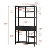 Metal Bookcase With Drawers, Dark Walnut & Black, 90x30x180cm, 6 Shelves - Side View