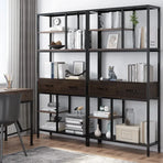 Metal Bookcase With Drawers, Dark Walnut & Black, 90x30x180cm, 6 Shelves