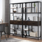 Metal Bookcase With Drawers, Dark Walnut & Black, 90x30x180cm, 6 Shelves - Top-Down View