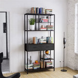 Metal Bookcase With Drawers, Dark Walnut & Black, 90x30x180cm, 6 Shelves - 45-Degree Angle