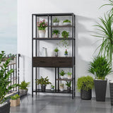 Metal Bookcase With Drawers, Dark Walnut & Black, 90x30x180cm, 6 Shelves - Rear View