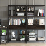 Metal Bookcase With Drawers, Dark Walnut & Black, 90x30x180cm, 6 Shelves - Close-Up Angle