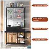Metal Bookcase With Drawers, Dark Walnut & Black, 90x30x180cm, 6 Shelves - Low Angle