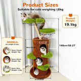 Large Multi-Level Cat Tree Tower in Green & Brown with Plush and Wood Design, 61x148cm - Front View