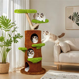 Large Multi-Level Cat Tree Tower in Green & Brown with Plush and Wood Design, 61x148cm - Close-Up Angle