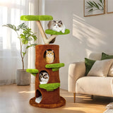 Large Multi-Level Cat Tree Tower in Green & Brown with Plush and Wood Design, 61x148cm - Low Angle