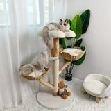 Real Wood Cat Tree Tower in Natural Wood for Indoor Cats Up to 10KG, 60x111cm - Front View